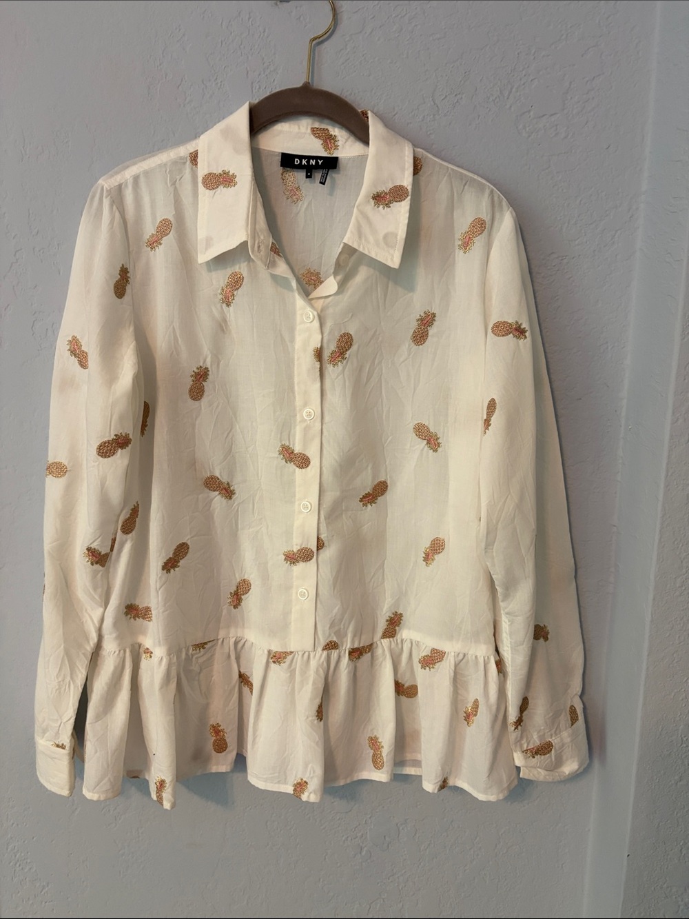 DKNY White Pineapple-Embroidered Ruffle Hem Blouse